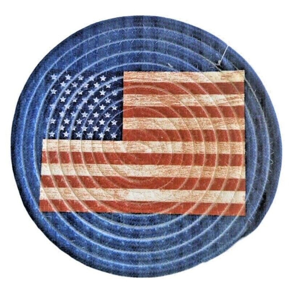 Trivet Hot Pad USA Flag Patriotic July 4th Braided Heat Resistant Beach 9" Rd